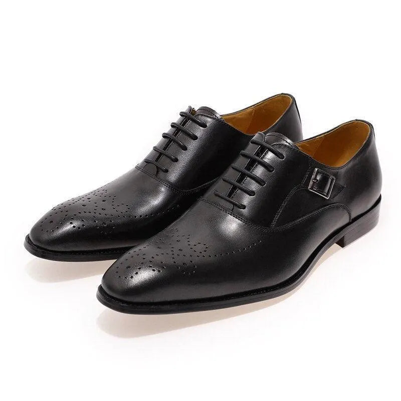 Black classic leather men's dress shoes with brogue detailing and buckle accent