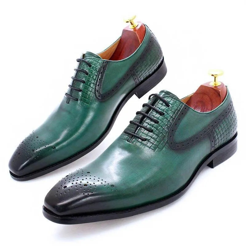 Green leather lace-up men's dress shoes with woven texture and brogue toe design