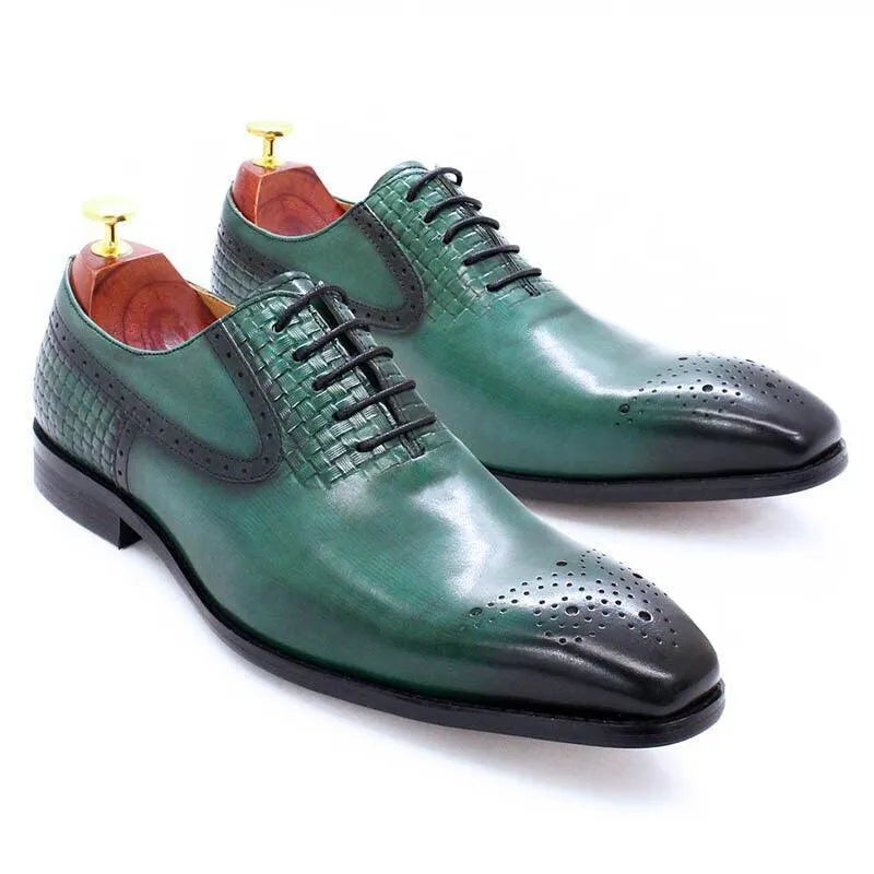 Green leather lace-up men's dress shoes with black toe cap and woven detailing