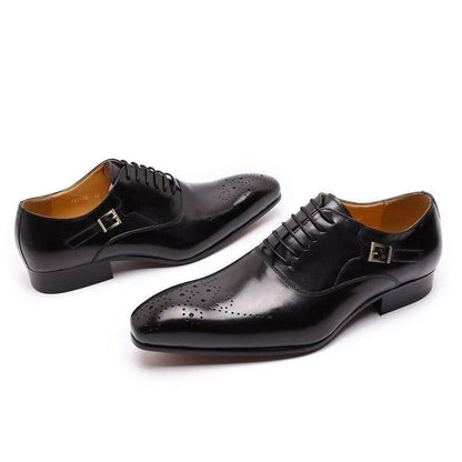 Black leather men's dress shoes with lace-up design, buckle, and brogue detailing