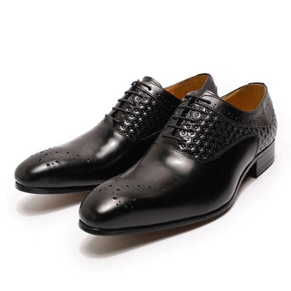 Glossy black men's dress shoes with perforated toe and hexagonal textured sides