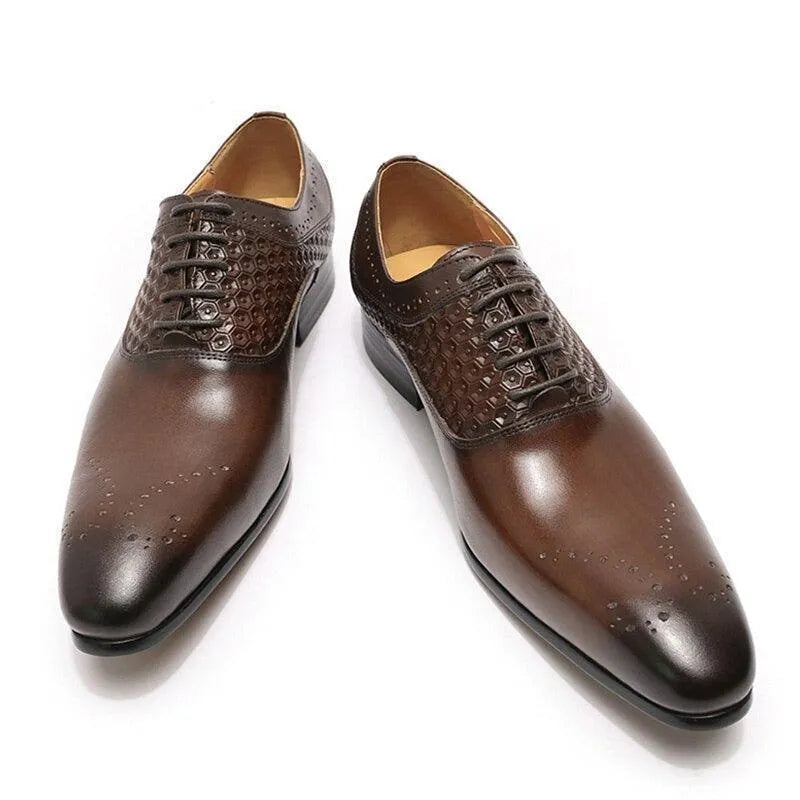 Glossy brown men's dress shoes with textured hexagon pattern and brogue details
