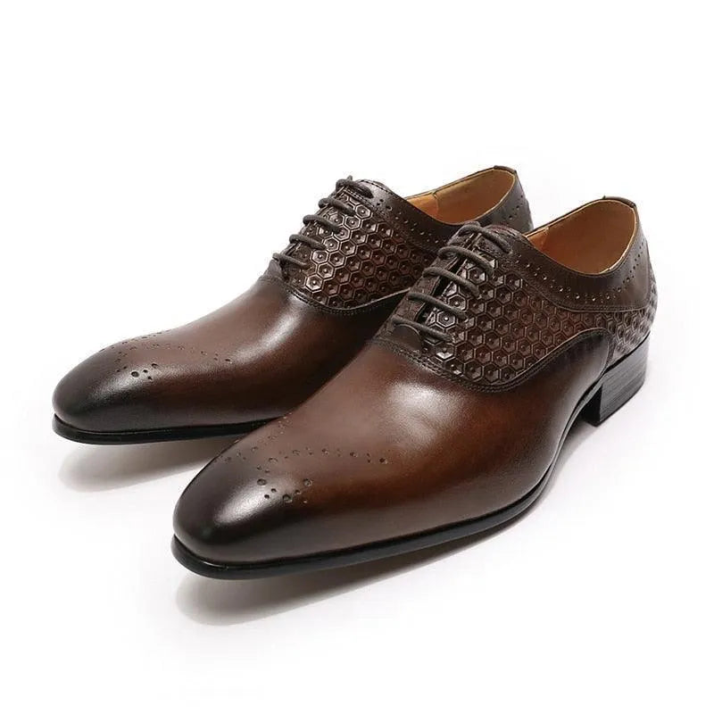 Glossy brown men's dress shoes with embossed hexagon pattern and lace-up design on white background