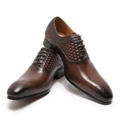 Glossy brown men's dress shoes with geometric perforated pattern on uppers