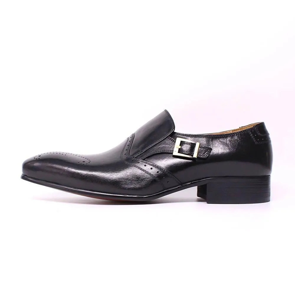 Black leather pointed toe men's dress shoe with side buckle on white background
