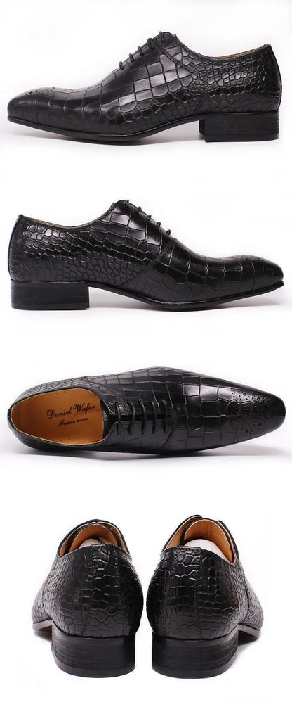 Black crocodile pattern leather dress shoes for men, lace-up, formal style