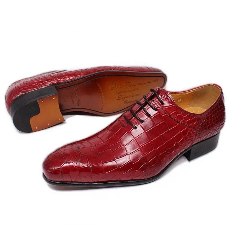 Red crocodile pattern leather men's dress shoes with black laces and leather soles