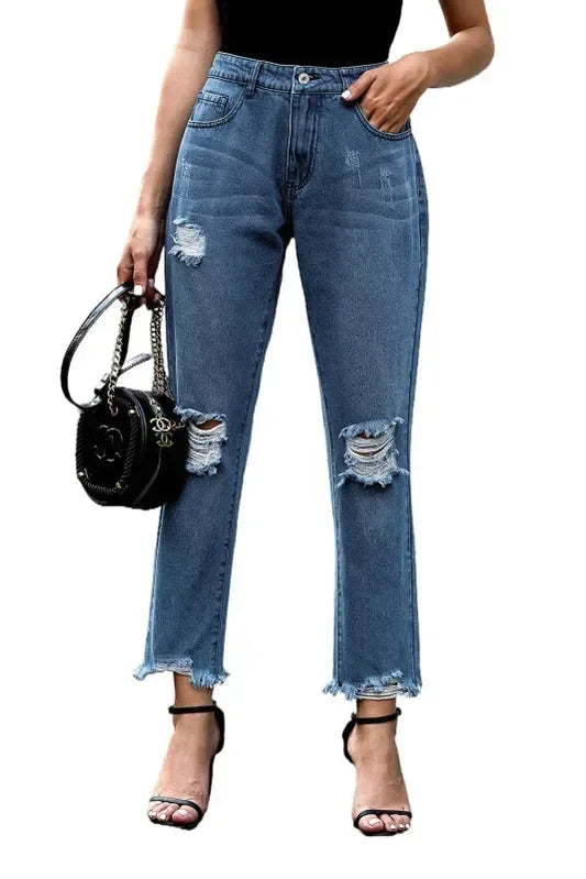 Edgy Women Jeans – High-Waist Raw Hem -Guocali