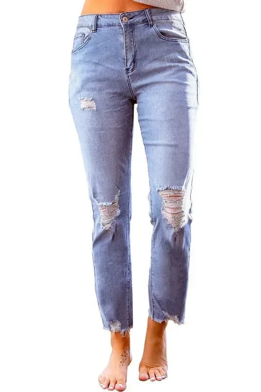 Edgy Women Jeans – High-Waist Raw Hem -Guocali