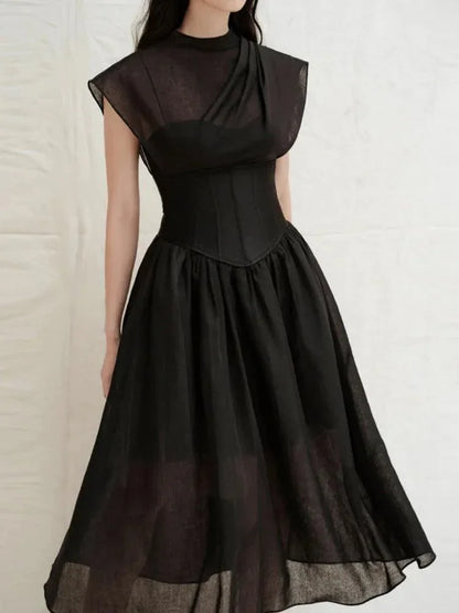 Elegant Black Midi Dress Sleeveless -Guocali