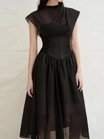 Elegant Black Midi Dress Sleeveless -Guocali