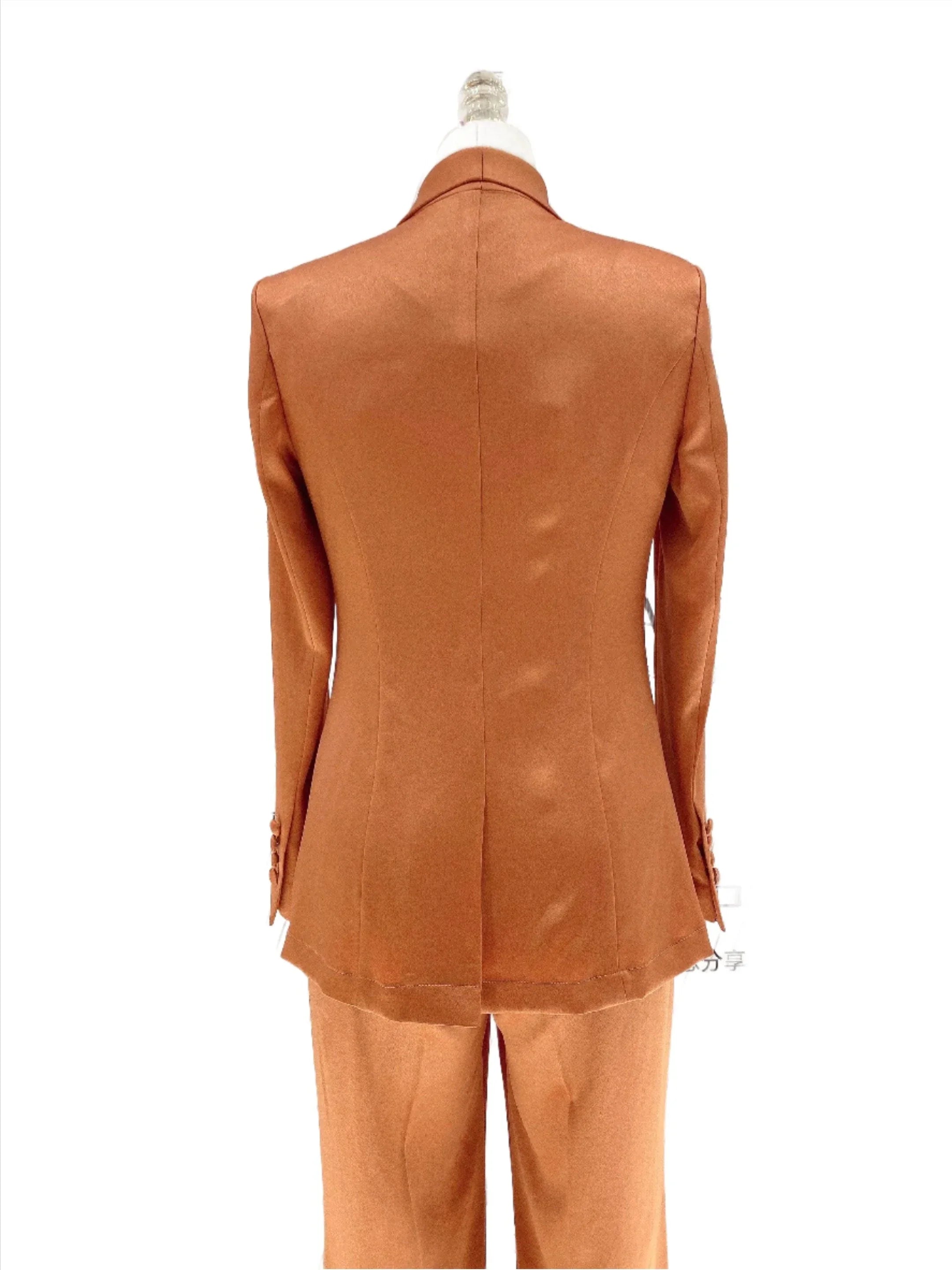 Elegant Chic Professional Women's Pant Suit - Solid Double-Breasted - Orange