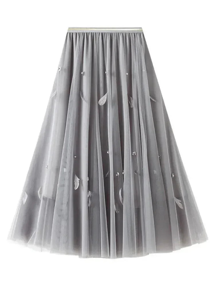 Elegant Feather Splicing A-Line Skirt -Guocali