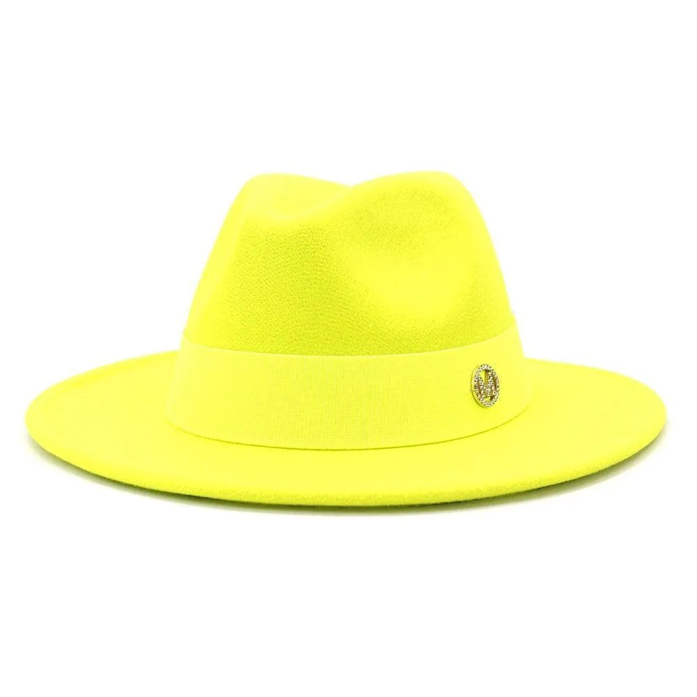 Bright yellow women's fedora hat with wide brim and decorative accent, luxury GUOCALI style