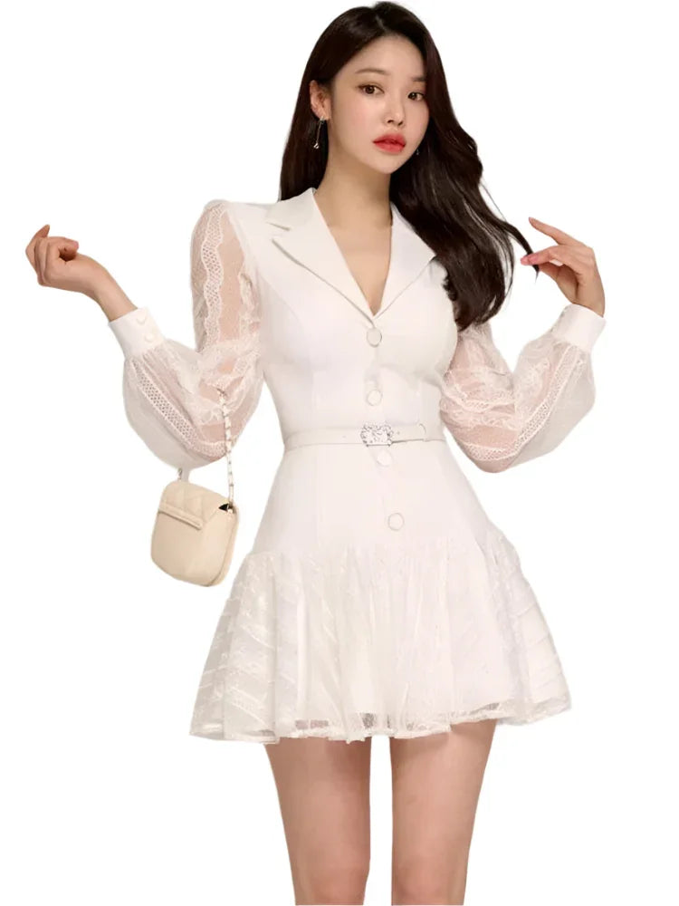 Elegant Hollow-Out Lace Patchwork Party Dress – Blazer-Style Short Dress -Guocali