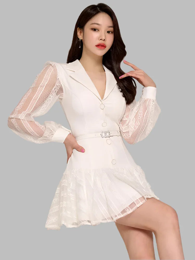 Elegant Hollow-Out Lace Patchwork Party Dress – Blazer-Style Short Dress -Guocali