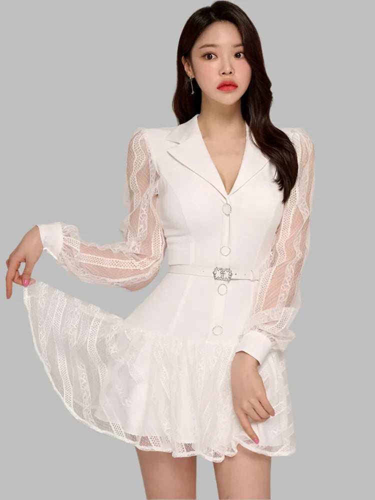 Elegant Hollow-Out Lace Patchwork Party Dress – Blazer-Style Short Dress -Guocali