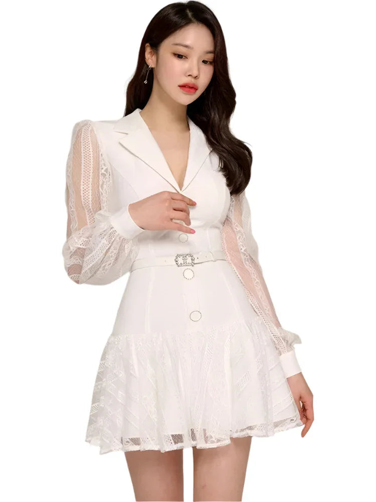 Elegant Hollow-Out Lace Patchwork Party Dress – Blazer-Style Short Dress -Guocali