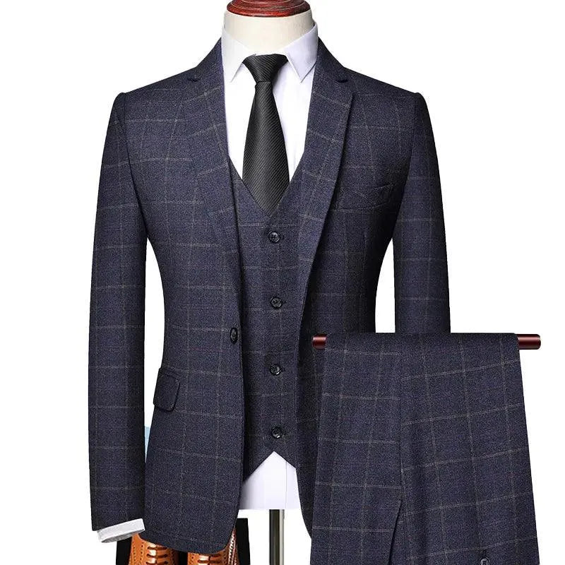 Elegant Men’s Suit - Checkered Single-Breasted - Navy