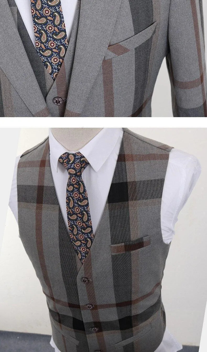 Elegant Men’s Suit - Plaid Single-Breasted, Grey