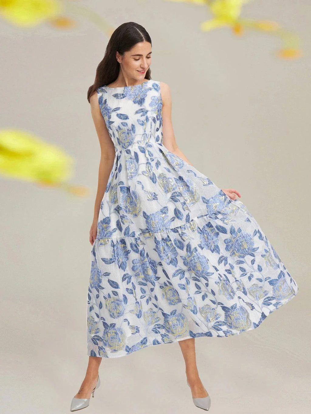 Elegant Organza Sleeveless Maxi Dress – Floral Long Dress for Women -Guocali
