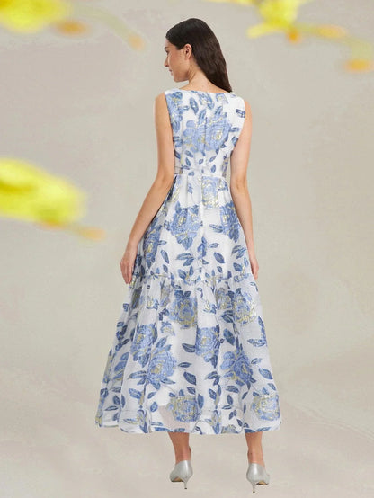 Elegant Organza Sleeveless Maxi Dress – Floral Long Dress for Women -Guocali