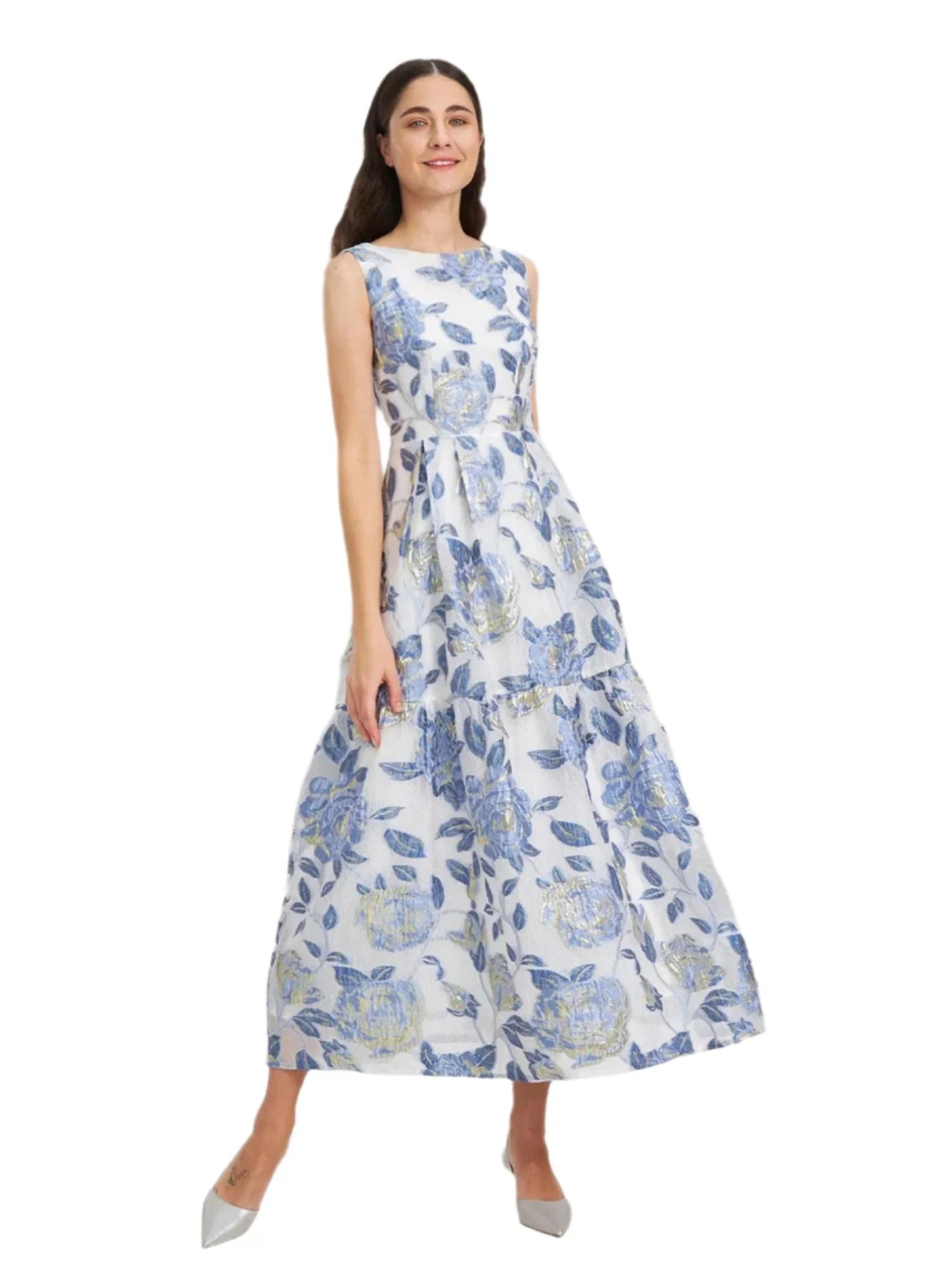 Elegant Organza Sleeveless Maxi Dress – Floral Long Dress for Women -Guocali