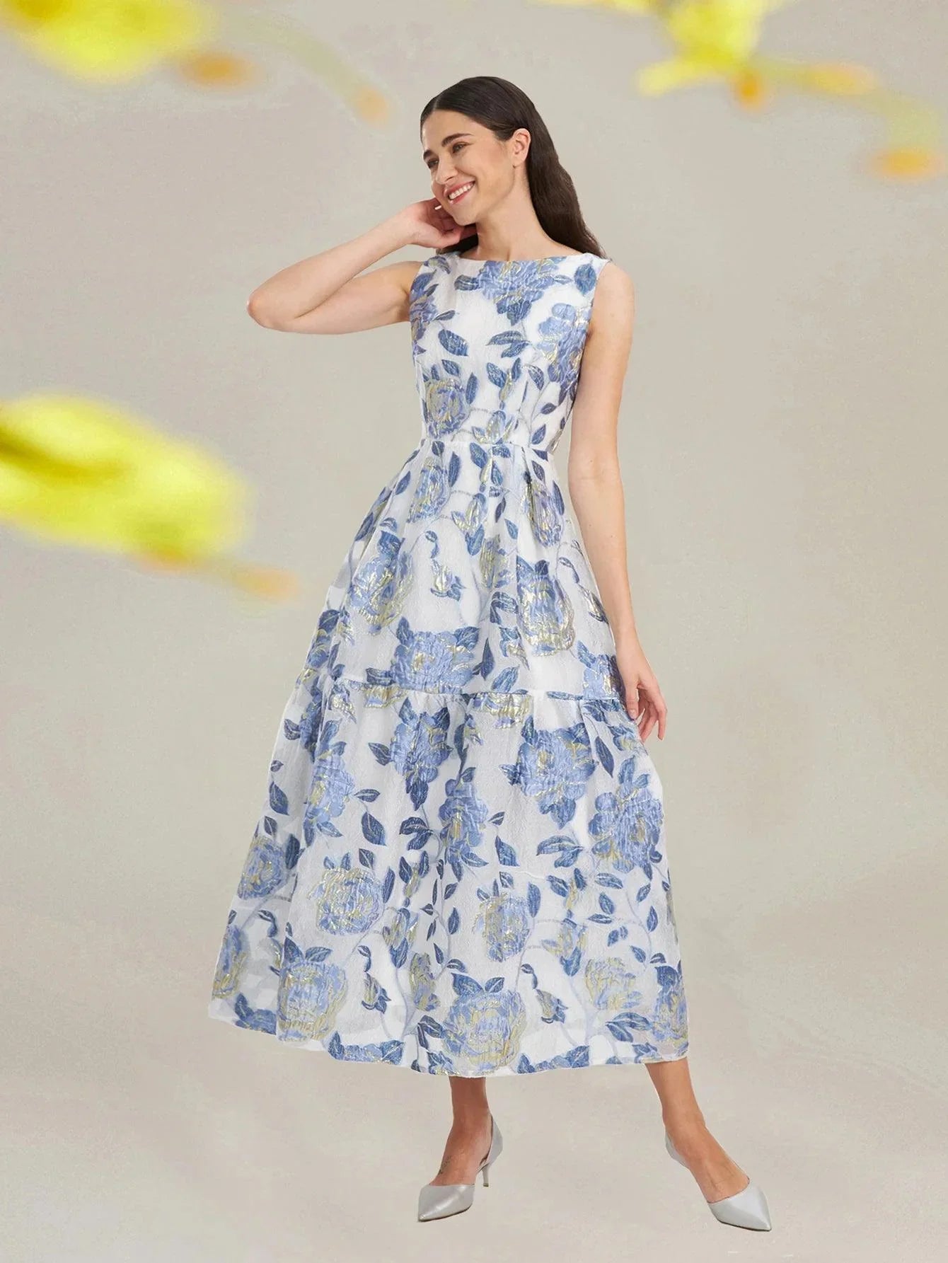 Elegant Organza Sleeveless Maxi Dress – Floral Long Dress for Women -Guocali
