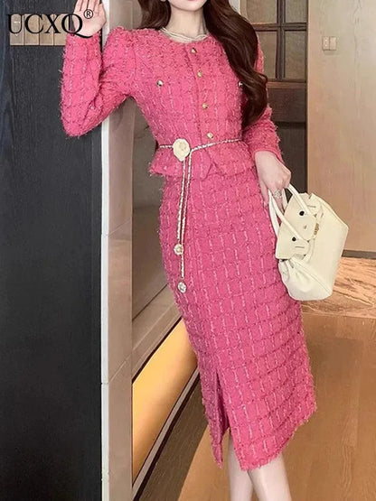Elegant Pink Tweed Cardigan Skirt Suit -Guocali