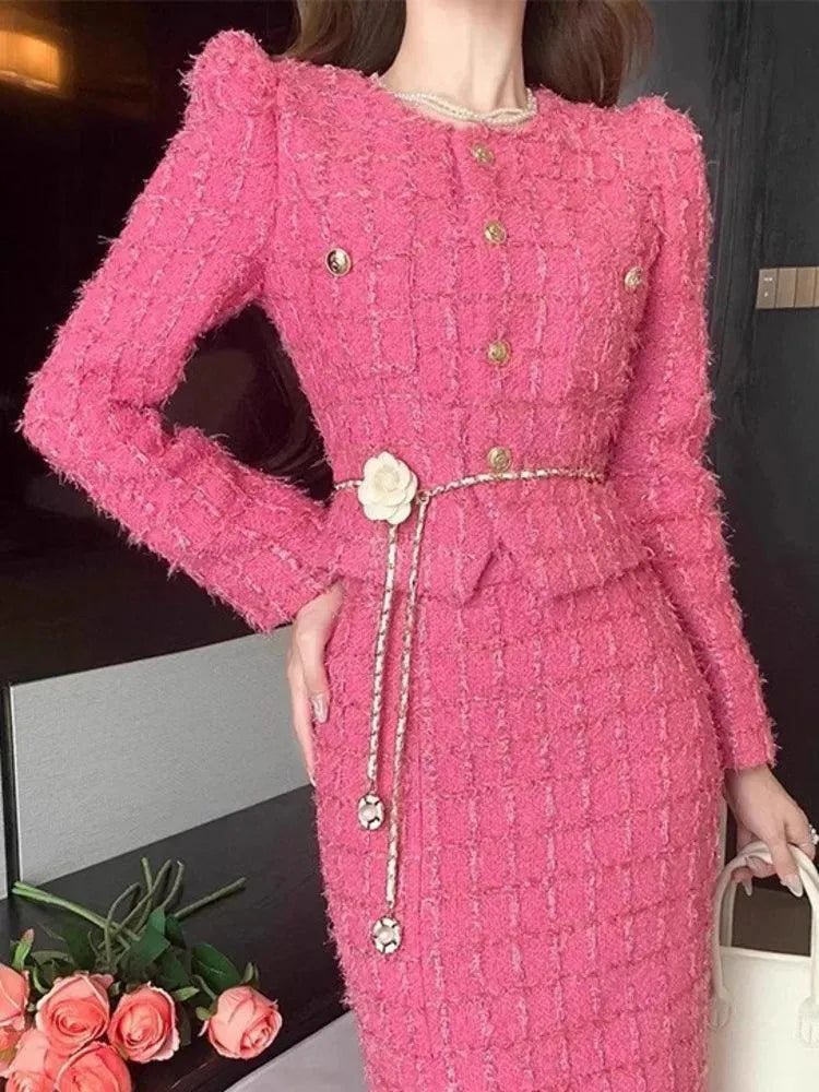 Elegant Pink Tweed Cardigan Skirt Suit -Guocali
