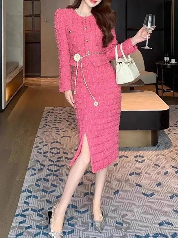 Elegant Pink Tweed Cardigan Skirt Suit -Guocali