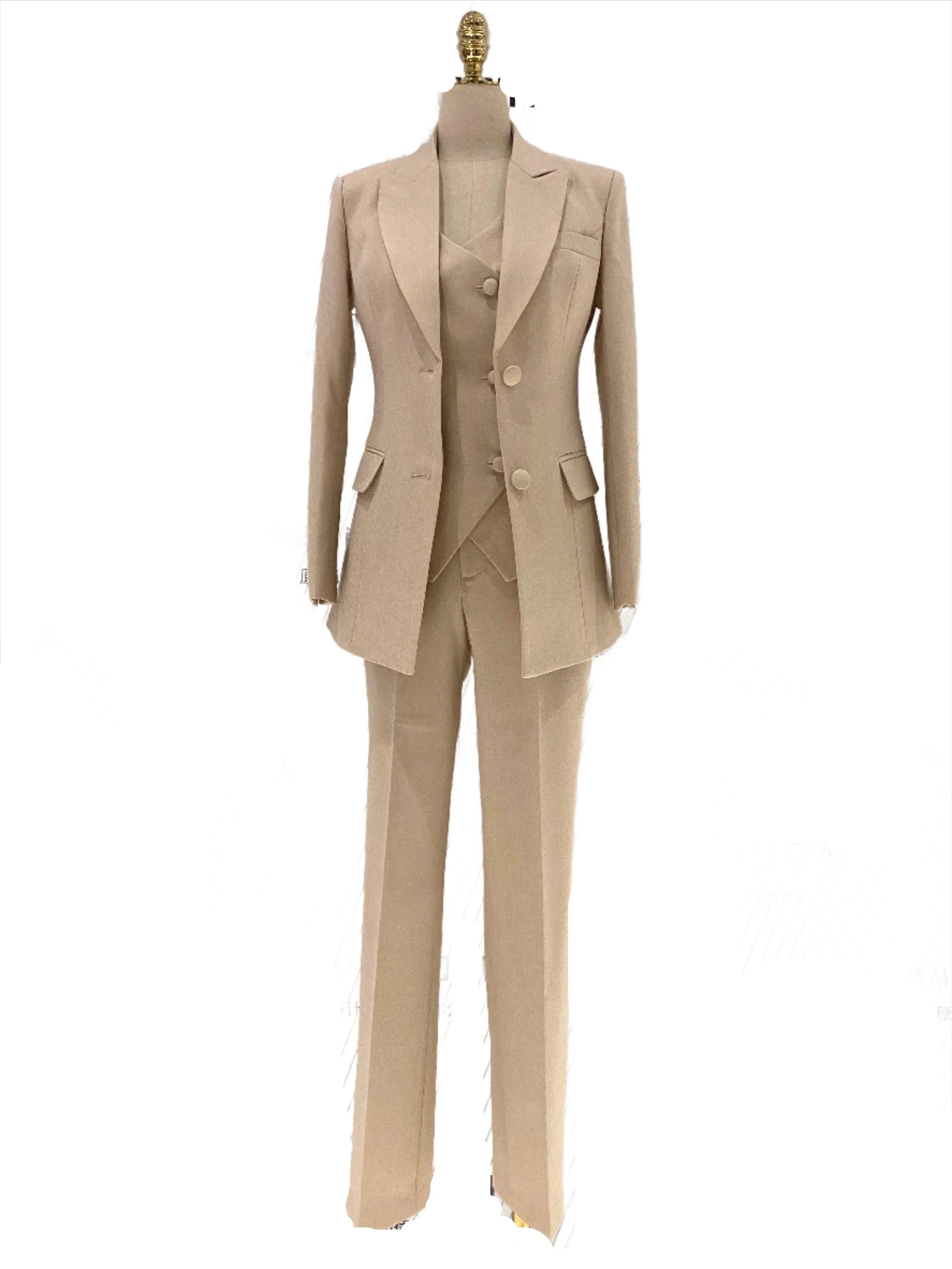 Elegant Professional Chic Women's Pant Suit - Solid Button - Khaki