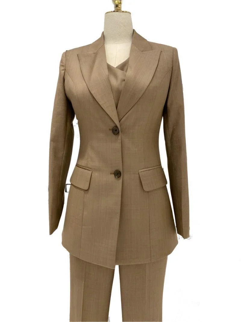 Elegant Professional Women's Pant Suit - Solid Button - Khaki