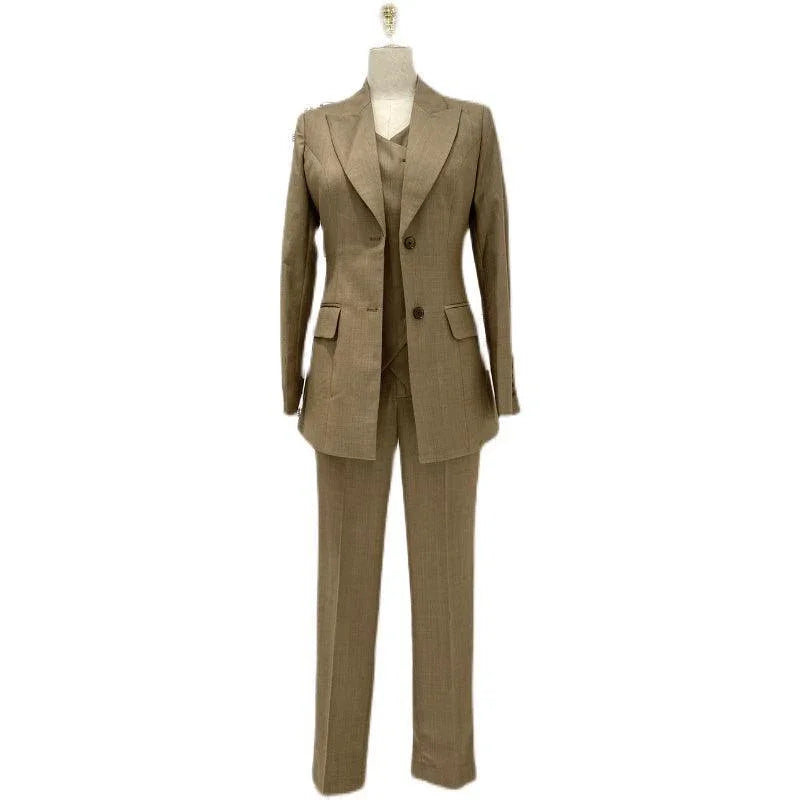 Elegant Professional Women's Pant Suit - Solid Button - Khaki