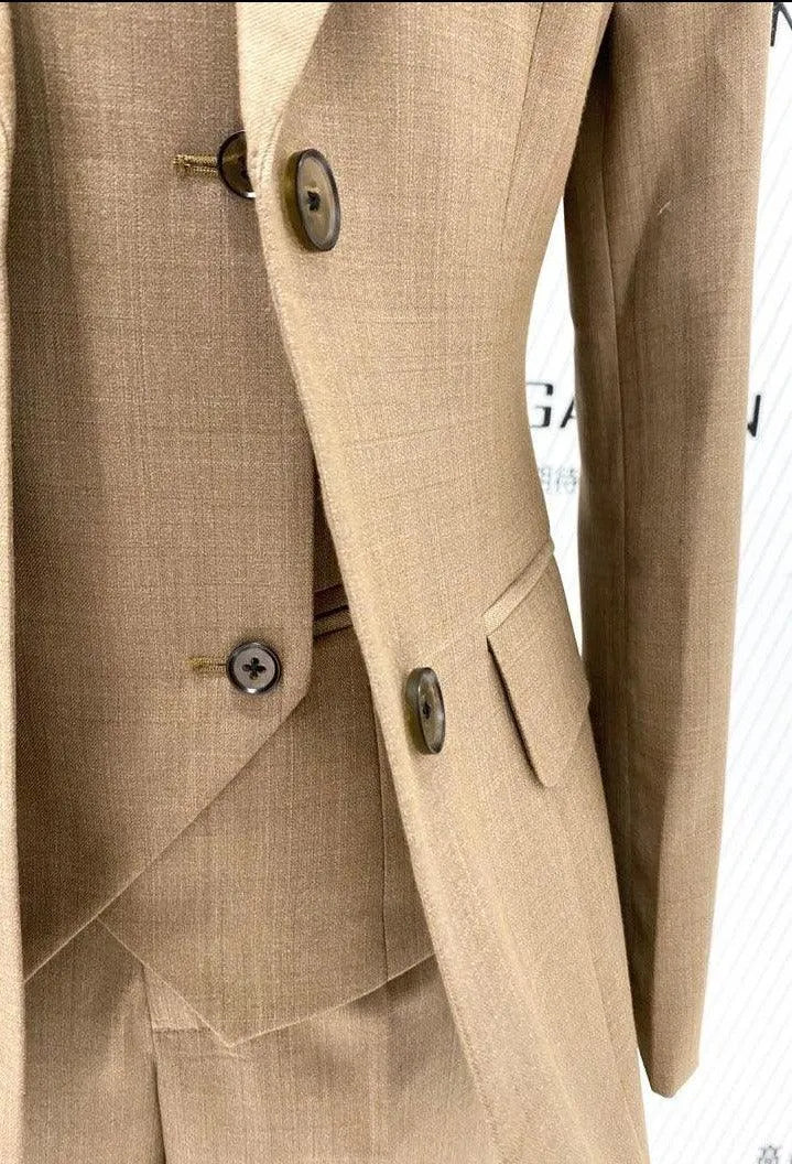 Elegant Professional Women's Pant Suit - Solid Button - Khaki
