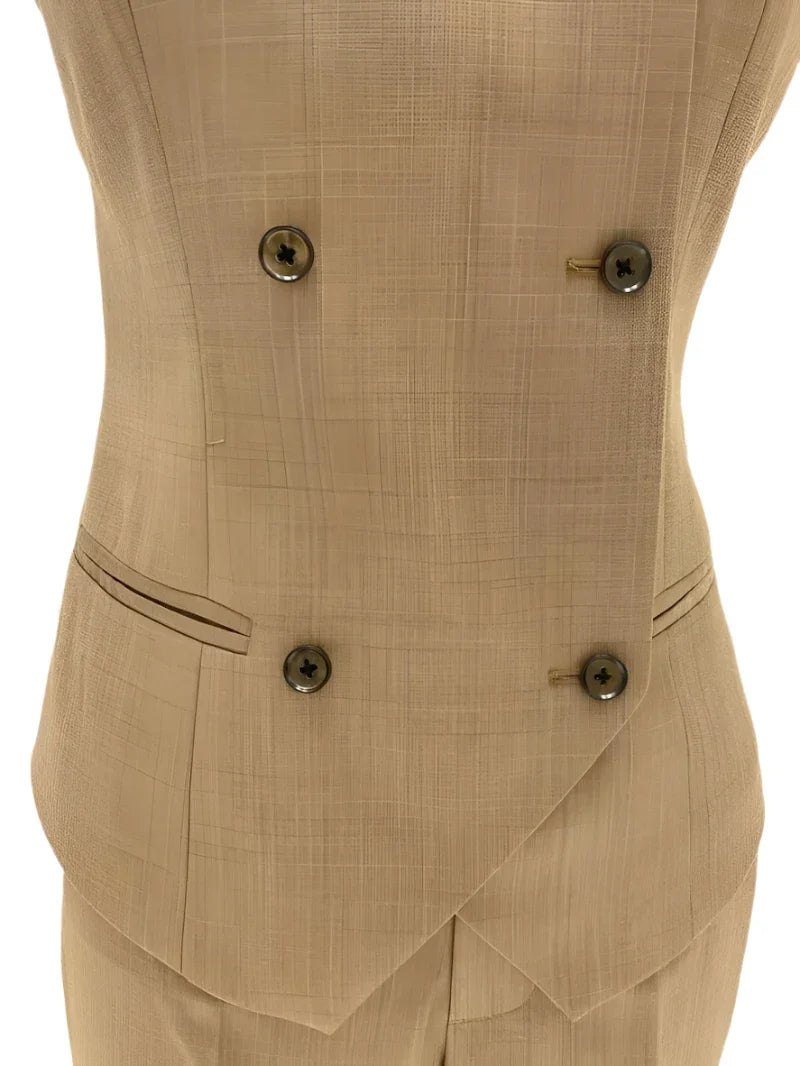 Elegant Professional Women's Pant Suit - Solid Button - Khaki