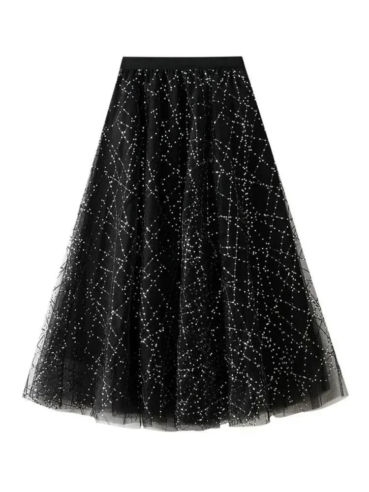 Elegant Sequin Pleated A-Line Skirt -Guocali