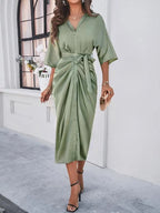 Elegant Solid Color Waist-Cinching Dress -Guocali