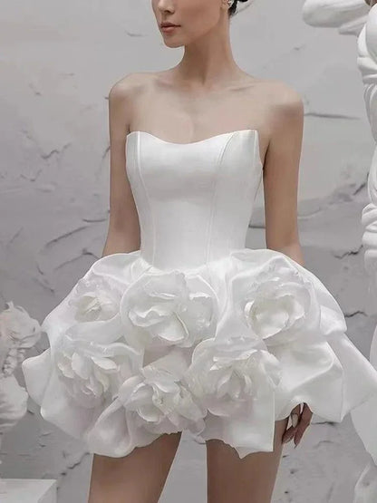 Elegant Strapless White Flower Short Dress -Guocali
