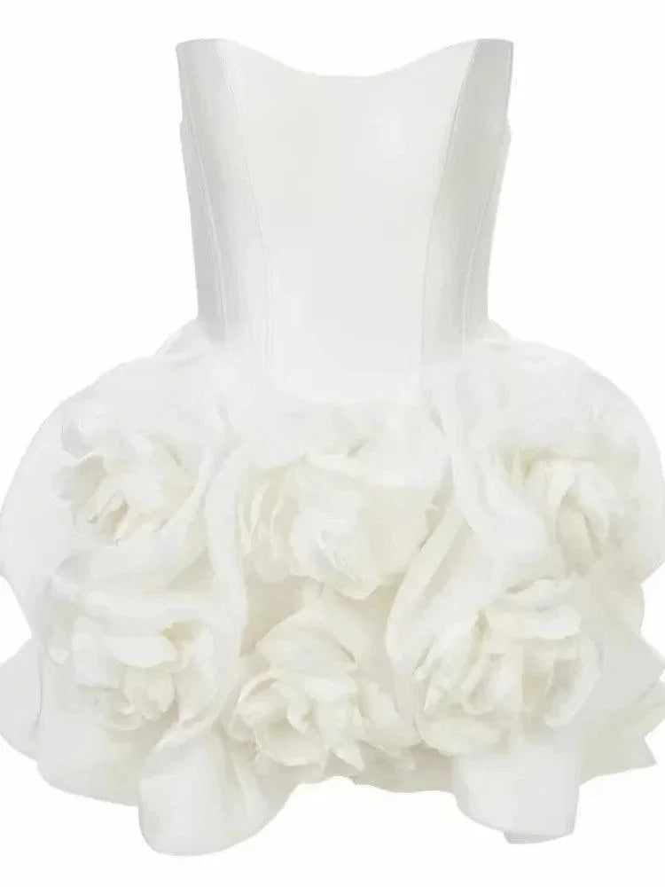Elegant Strapless White Flower Short Dress -Guocali
