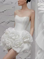 Elegant Strapless White Flower Short Dress -Guocali