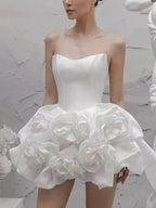 Elegant Strapless White Flower Short Dress -Guocali