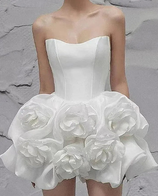 Elegant Strapless White Flower Short Dress -Guocali