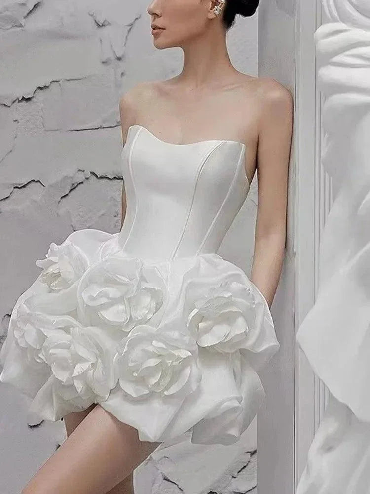 Elegant Strapless White Flower Short Dress -Guocali
