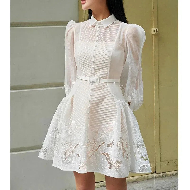 Elegant White Lace A-Line Dress -Guocali