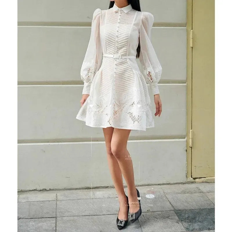 Elegant White Lace A-Line Dress -Guocali
