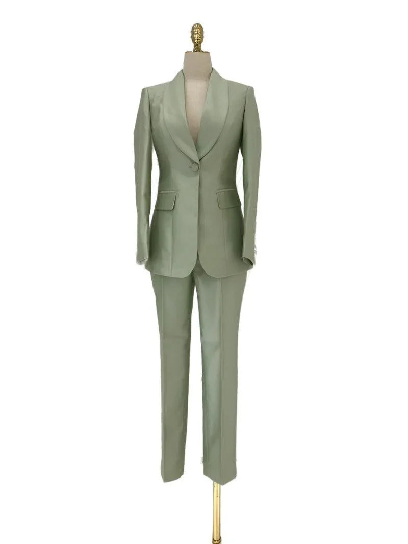 Elegant Women's Pant Suit - Solid Button, Green
