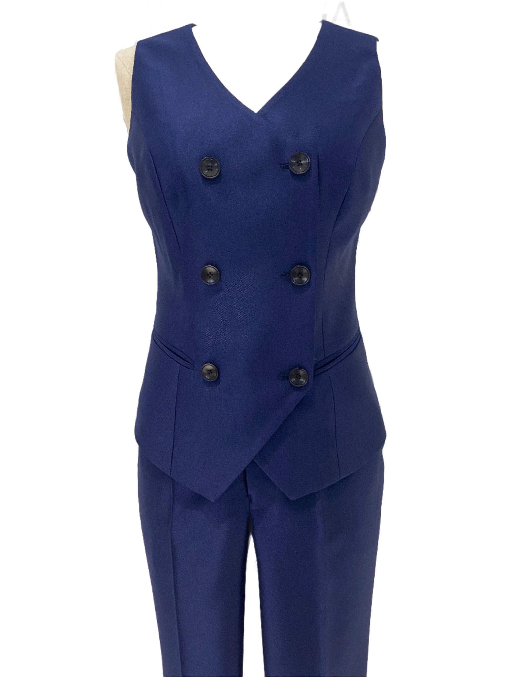 Elegant Women's Pant Suit - Solid Button - Navy