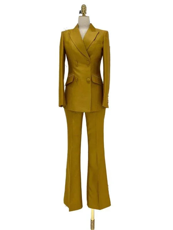 Elegant Women's Pant Suit - Solid Double-Breasted
