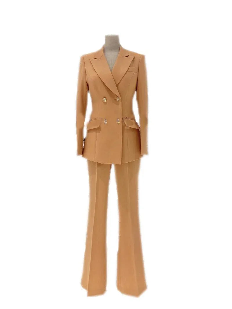 Elegant Women's Pant Suit - Solid Double-Breasted, Beige